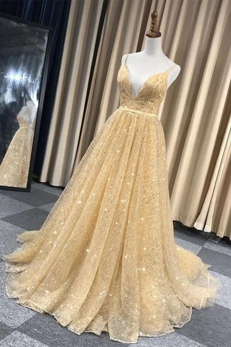 Shiny V Neck Backless Long Golden Prom Dress, Sparkly Golden Formal Dress, Golden Evening Dress,pl4966
