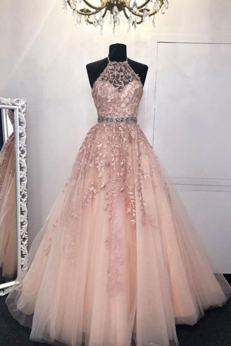 Halter Neck Pink Lace Long Prom Dress With Belt, Pink Lace Formal Dress, Pink Evening Dress,pl4970