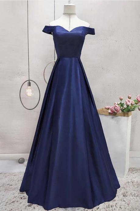 Off Shoulder Blue Satin Long Prom Dress, Off Shoulder Blue Formal Dress, Blue Evening Dress,PL4972