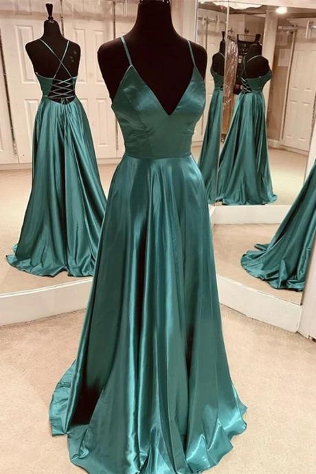 A Line V Neck Open Back Emerald Green Satin Long Prom Dress, Backless Emerald Green Formal Graduation Evening Dress,pl4973
