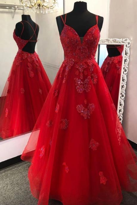 Gorgeous V Neck Backless Red Lace Prom Dress 2020, Backless Red Lace Formal Dress, Red Lace Evening Dress, Red Ball Gown,pl4975