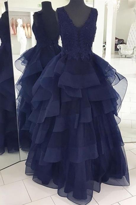 Fluffy V Neck Backless Navy Blue Lace Long Prom Dress, Open Back Navy Blue Lace Formal Dress, Navy Blue Lace Evening Dress, Ball Gown,pl4976