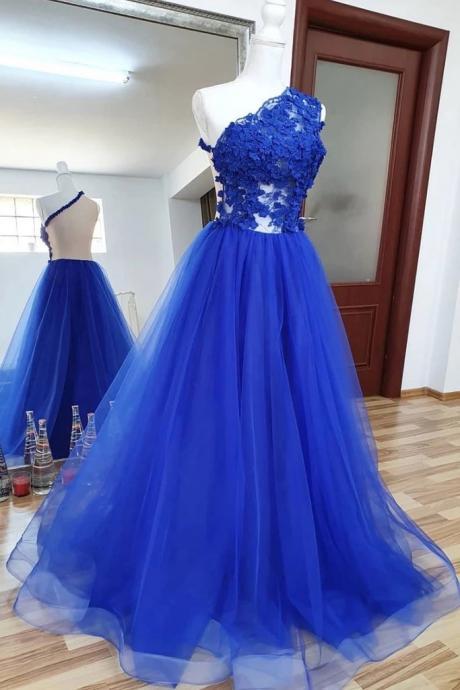One Shoulder Backless Royal Blue Lace Long Prom Dress, Royal Blue Lace Formal Dress, Backless Royal Blue Evening Dress,pl4977