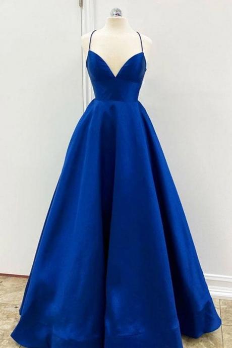 Simple V Neck Backless Royal Blue Satin Long Prom Dress, Royal Blue Backless Formal Dress, Royal Blue Evening Dress, Ball Gown,pl4982