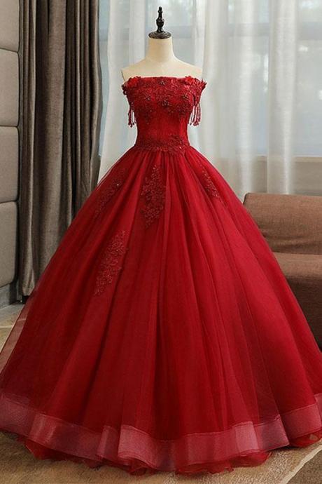 Gorgeous Strapless Burgundy Lace Beaded Long Prom Dress, Lace Burgundy Formal Evening Dress, Burgundy Lace Ball Gown,pl4983