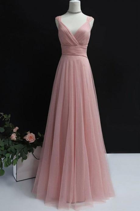 Simple A Line V Neck Pink Tulle Long Prom Dress Bridesmaid Dress, V Neck Pink Formal Dress, Pink Evening Dress,pl4985