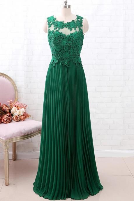 A Line Round Neck Green Lace Long Prom Dress Bridesmaid Dress, Open Back Lace Green Formal Dress, Green Lace Evening Dress,pl4986