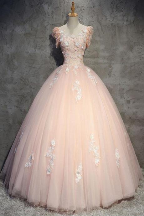 Round Neck Cap Sleeves Lace Pink Long Prom Dress, Pink Lace Formal Dress, Pink Evening Dress, Ball Gown,pl4989