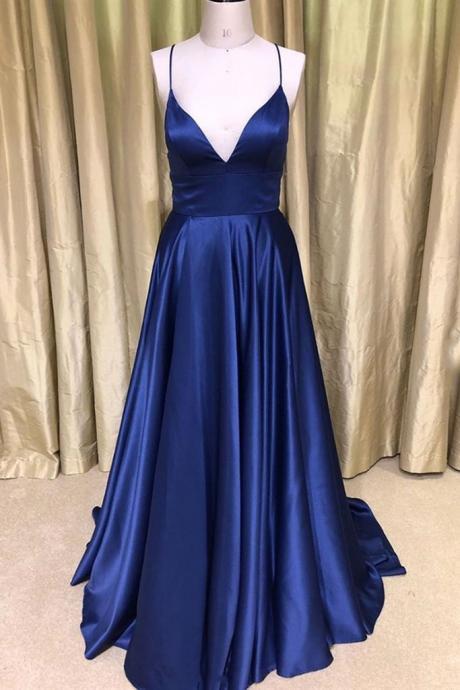Royal Blue V Neck Backless Satin Long Prom Dresses, Royal Blue Formal Dresses, Backless Royal Blue Evening Dresses,pl4992
