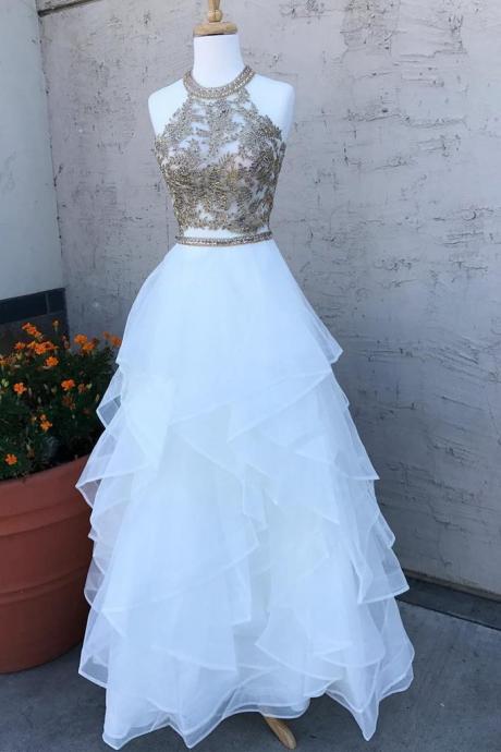 Two Pieces Lace White Tulle Long Prom Dresses, White Two Pieces Formal Dresses, Evening Dresses, Ball Gown,pl4995
