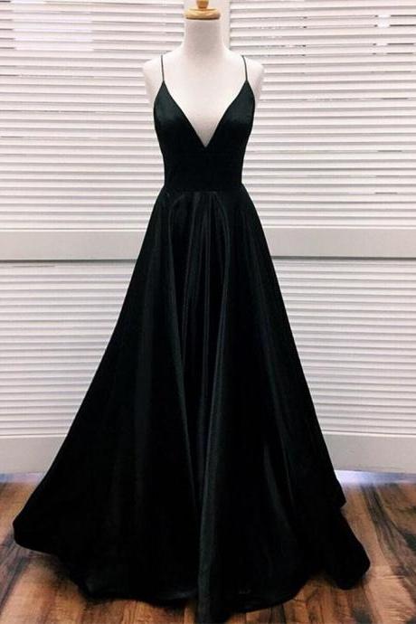 Simple A Line V Neck Black Satin Long Prom Dresses, Black Formal Dresses, Evening Dresses ,pl4996