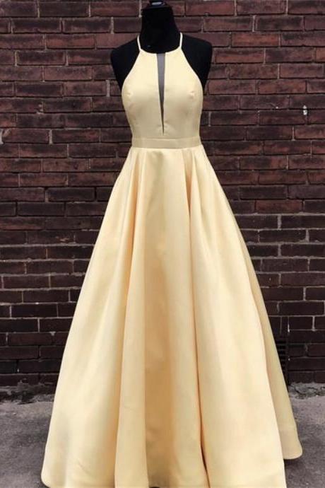 Simple Halter Yellow Satin Long Prom Dresses 2021, Yellow Formal Dresses Long Evening Dresses,pl4997