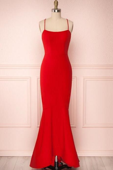 Red Thin Straps Mermaid Backless Long Prom Dresses, Red Mermaid Formal Dresses, Red Evening Dresses,pl4998