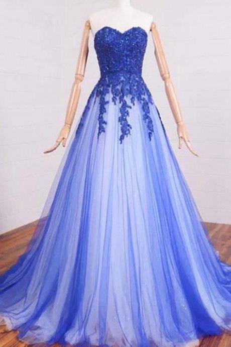 A Line Sweetheart Neck Lace Tulle Blue Long Prom Dresses, Blue Formal Dresses, Blue Lace Evening Dresses,pl5000