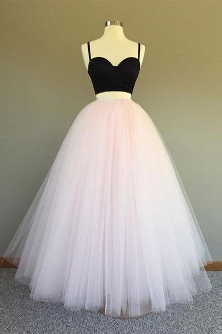 Sweetheart Neck Spaghetti Straps 2 Pieces Black Top Light Pink Long Prom Dress, Light Pink Formal Dress, Evening Dress,pl5001