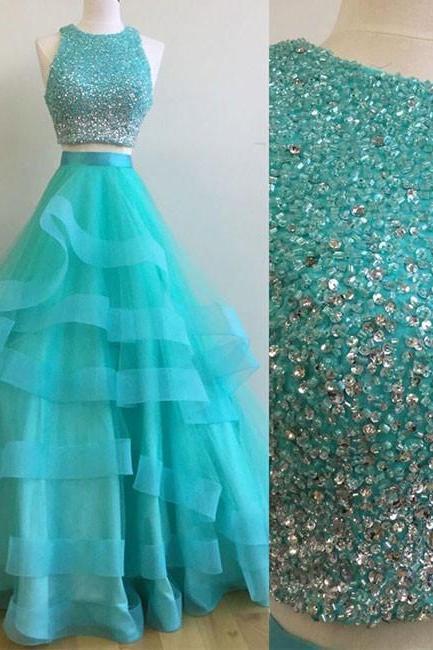Green Round Neck 2 Pieces Beaded Sequins Tulle Long Prom Dress, Green 2 Pieces Formal Dress, Green Evening Dress,pl5002