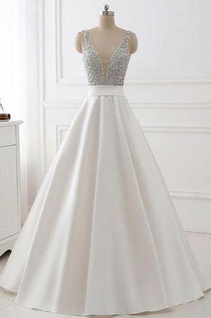 V Neck Backless White Prom Dress With Beads, V Neck Formal Dress, White Evening Dress,pl5007