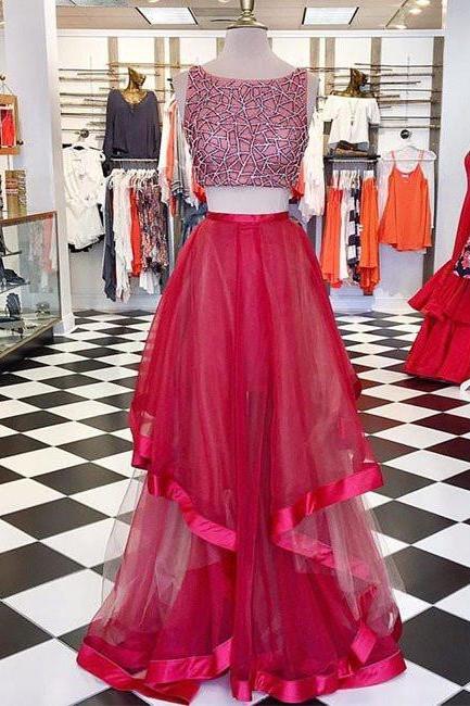 Two Pieces Sequin Round Neck Tulle Long Red Prom Dresses, Red Evening Dresses,pl5008