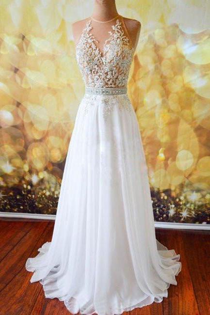 White Chiffon Tulle Appliques Lace Sweep Train Sexy Open Back Prom Dresses, Lace Formal Dresses,pl5010