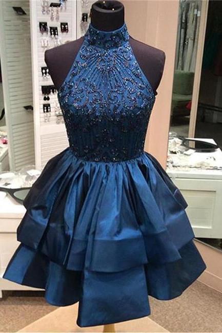 Cute High-neck Sequin Beaded Short Blue Prom Dresses, Blue Homecoming Dresses,pl5012