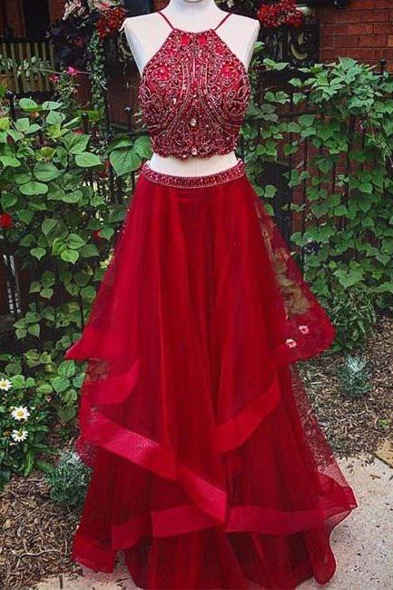 Custom Made Beaded Red Halter Two Piece Prom Dresses ,formal Dresses,pl5015