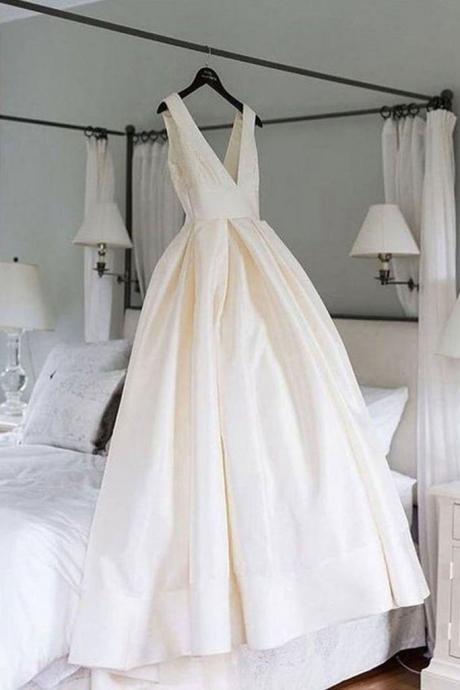 Simple V Neck Ivory Satin Long Prom Dress, Open Back Ivory Formal Evening Dress, Ivory Wedding Dress,pl5016