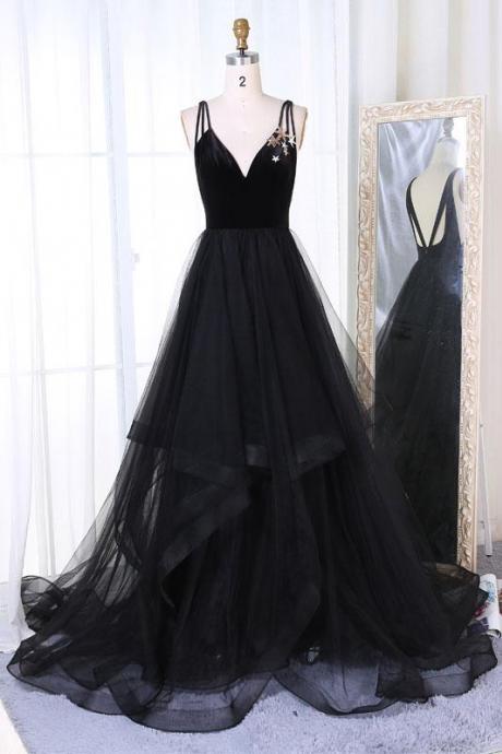 Spaghetti Strap Prom Dress,black Evening Dress,sexy Party Dress,custom Made,pl5027