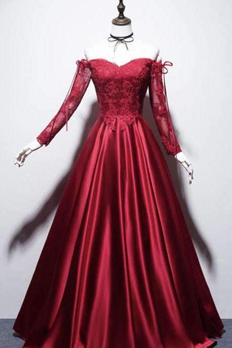 Burgundy ,off Shoulder Prom Dress ,long Sleeve Evening Dress,custom Made,pl5030