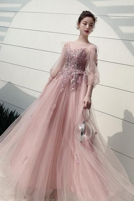 Long Sleeve Evening Dress, Pink Prom Dress With Applique, Long Fairy Party Dress ,custom Made,pl5036