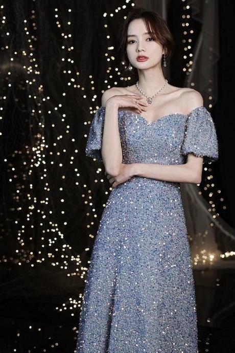 Short Sleeve Evening Dress, Blue Sequin Dress ,custom Made,pl5037