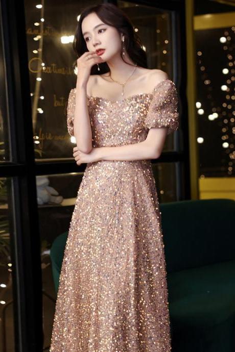 Short Sleeve Evening Dress, Gold Sequin Dress ,custom Made,pl5038