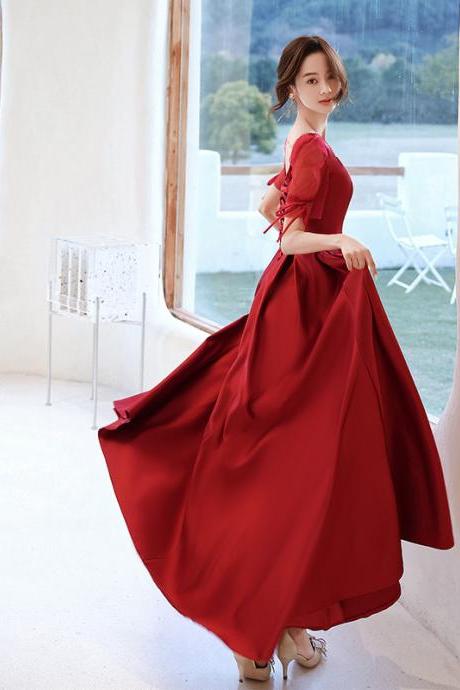 , Short Sleeves, Red Prom Dress, Satin Evening Dress,custom Made,pl5040