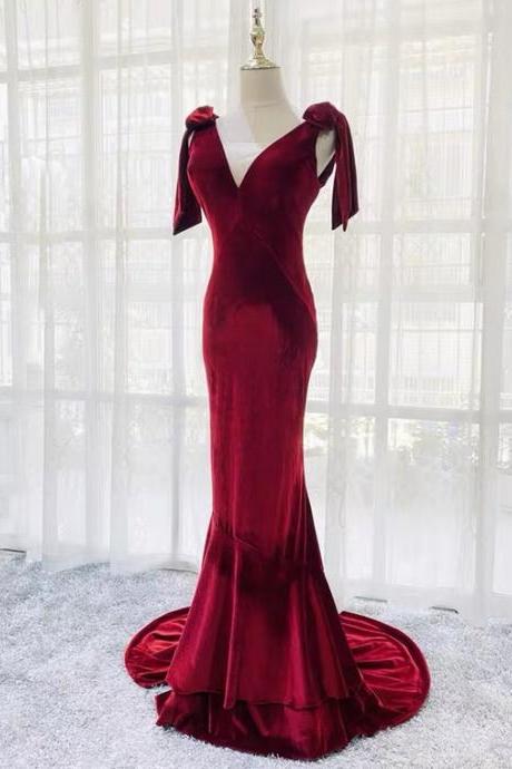 V-neck, Burgundy Evening Dress, High Quality Velvet, Mermaid Party Dress,custom Made,pl5045