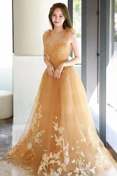 ,yellow Prom Dress,tulle Fairy Party Dress,sexy Evening Dress With Lace Applique,custom Made,pl5057