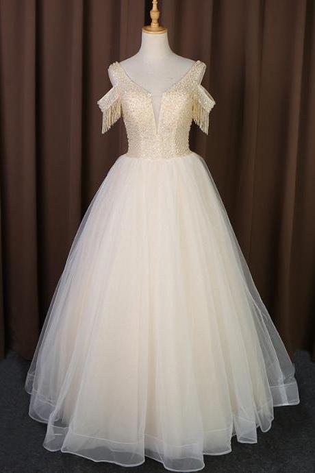 Tassel Sleeves, Beaded Wedding Dress, Floor Length Champagne Wedding Dress,custom Made,self-created Handmade,pl5070
