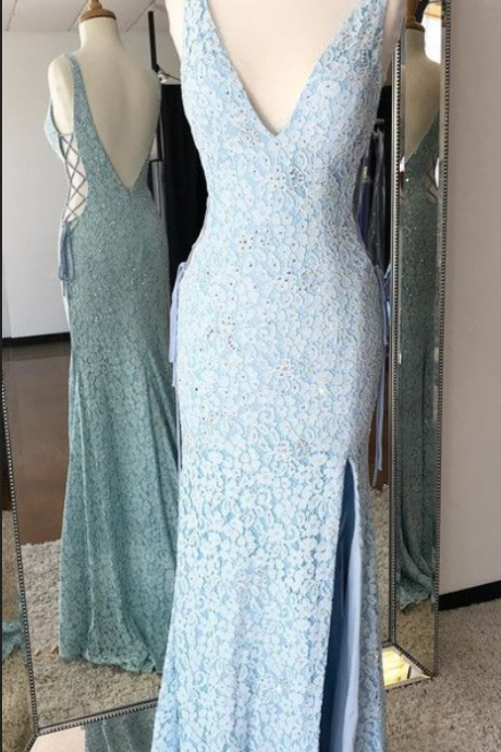 Mermaid V-neck Backless ,sweep Train, Blue Lace Prom Dress,sexy Party Dress, Evening Dress, Style Evening Dresses,pl5071
