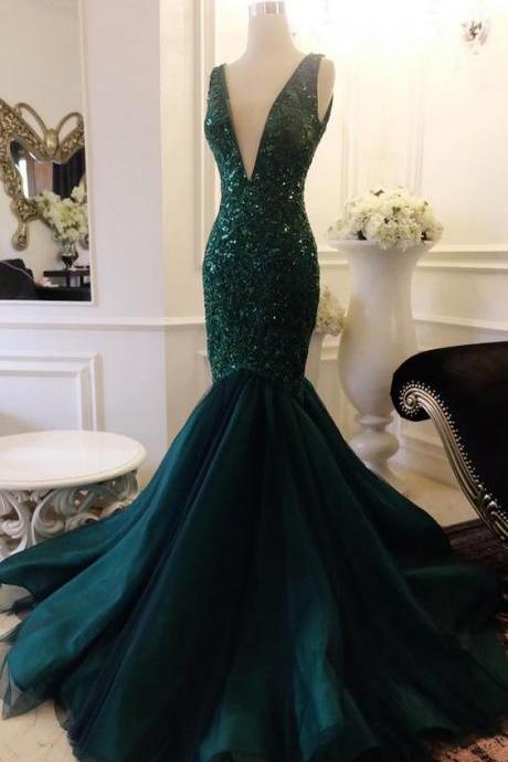 Plunging Neck Mermaid Atrovirens Prom Dress With Sequin Appliques Lace V Back Evening Dress,pl5072