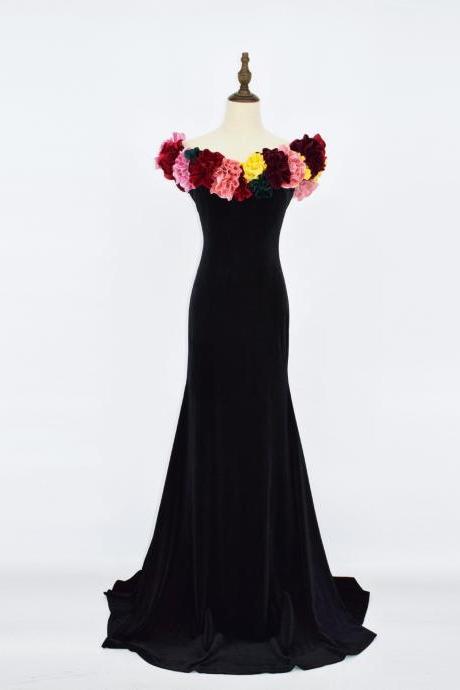 Black Party Dress ,off Shoulder Prom Dress ,velvet Evening Dress With Applique ,custom Made,pl5074