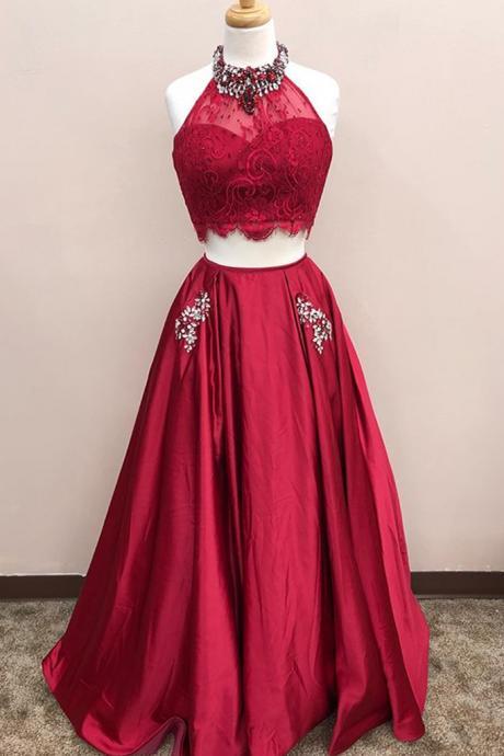 Burgundy Lace Top Two Pieces Floor Length A-line Beading Homecoming Dress,pl5075