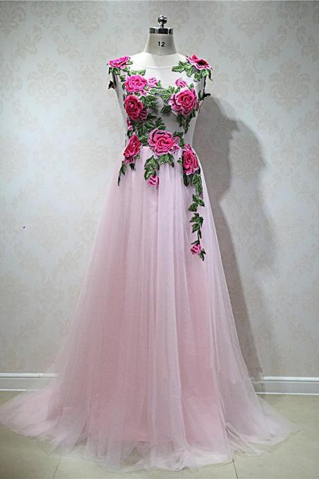 Pink Tulle Long Sheer A-line Senior Prom Dress With Appliqué, Pink Tulle Party Dress,pl5076