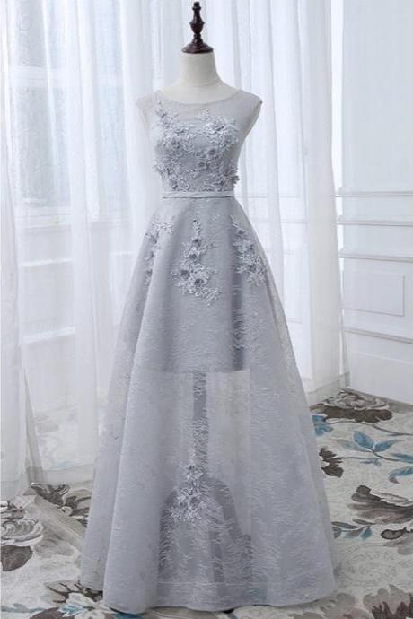 Grey Round Neck Evening Dress ,long Tulle Prom Dresses With Applique,pl5077
