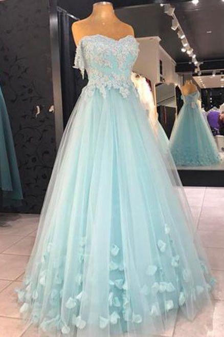 Light Blue Off The Shoulder A Line Applique Tulle Long Prom Evening Party Dress,pl5088