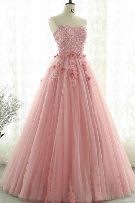 Sweetheart Neck Tulle Long, A-line Formal Prom Dress , Lace Applique Evening Dress,beading 3d Flower Party Dress,pl5089