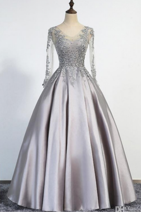 Prom Dresses Elegant Sliver Evening Dresses A-line Scoop Illusion Lace Up Long Sleeves Floor Length Appliques Beading Real Picture Prom Gowns,