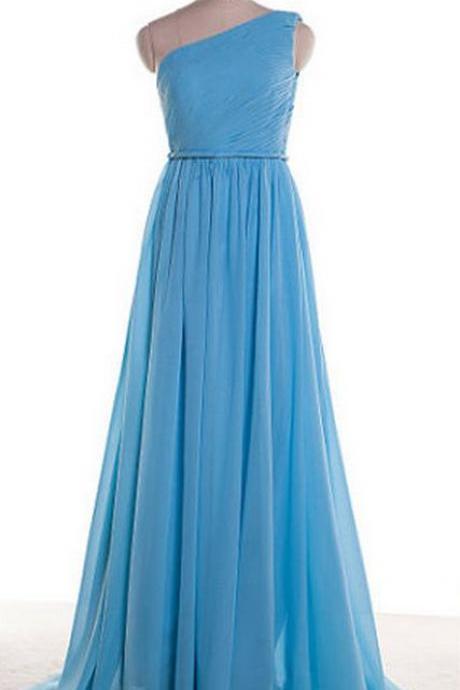 Long Evening Dress,one Shoulder Evening Formal Dresses,blue Chiffon Evening Gown,pl5096