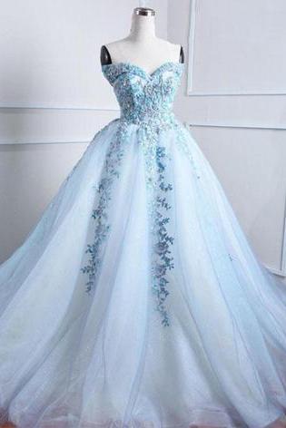 Gorgeous Sweetheart Neck Ice Blue Tulle Long Evening Dress, Long Embroidery Lace Prom Dress,pl5098