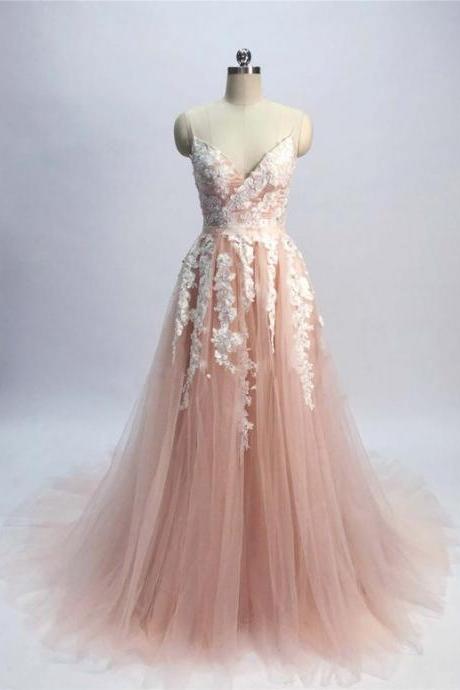 Champagne Pink Tulle Spaghetti Straps Sexy Long Prom Dress, Homecoming Dress With Appliqué,pl5100