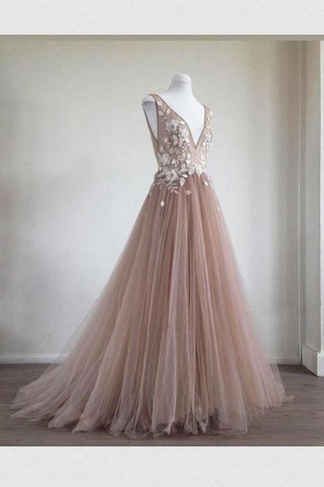 V-neck Prom Dress, Champagne Evening Dress ,lace Appliques Party Gowns , Long Prom Gowns,pl5103