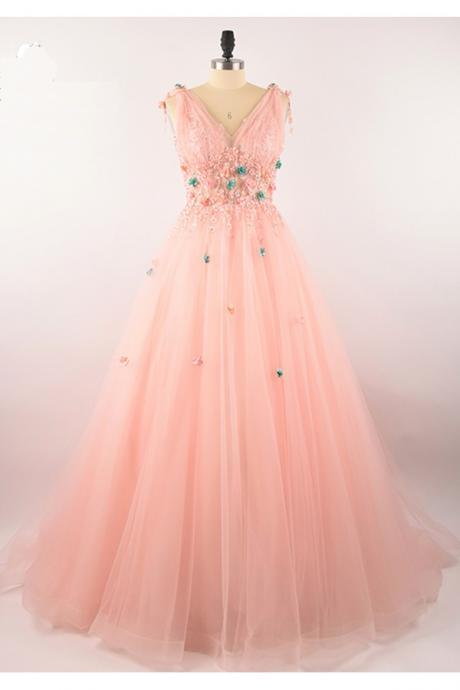 Pink Tulle Long Prom Dress,v Nekc Evening Gowns ,floor Length Evening Dress, Flower Applique Party Gowns,pl5104