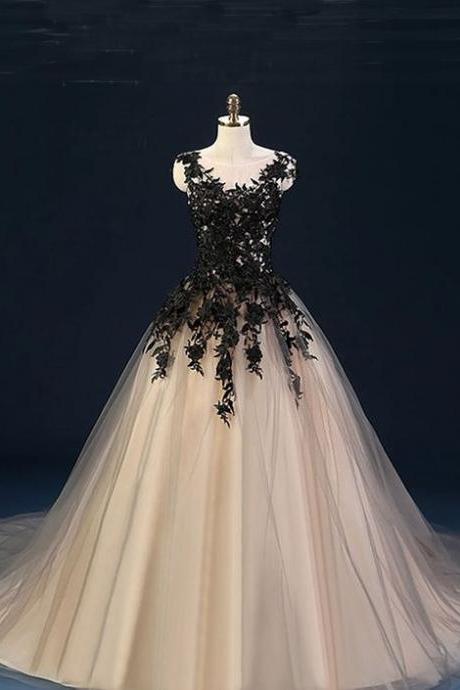 Champange Tulle Long Prom Dress,o Nek Evening Gowns ,floor Length Evening Dress, Flower Applique Party Gowns,pl5105